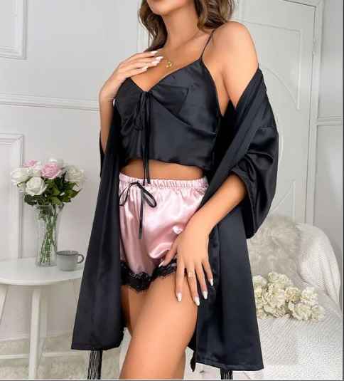 Conjunto de ropa de dormir Sexy para mujer, bata de noche de satin y seda de encaje, camisones sin mangas con cuello en V, camisola