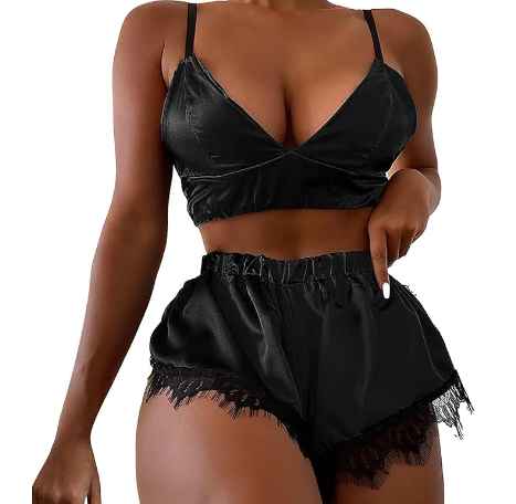 Pijama short de encaje color negro