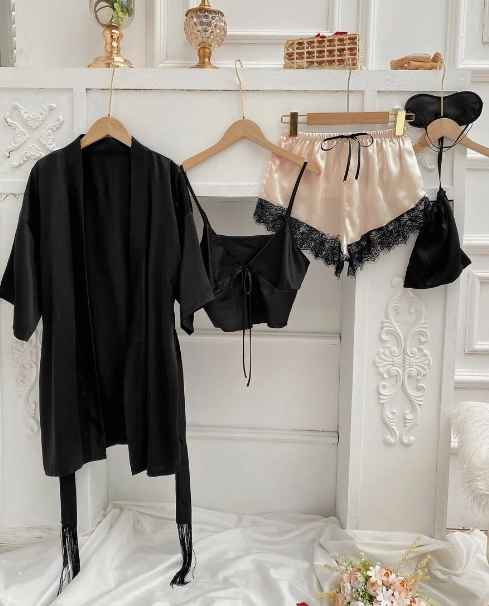 Conjunto de pijama con cinturón de satin y lazo delantero de encaje con pestañas en contraste, 5 piezas