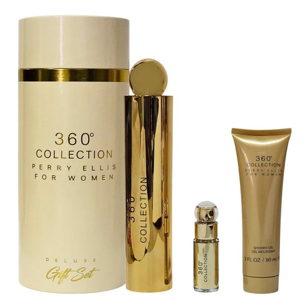 SET PERRY ELLIS 360 COLLECTION WOMEN  (3 PC ) 3.4 OZ EDT SP /  3.0 OZ  GEL  / MINI